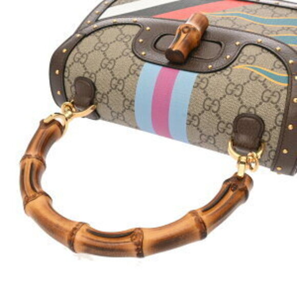 Gucci Handbag Bamboo Beige Ebony Brown GG Supreme Leather - Picture 3 of 10